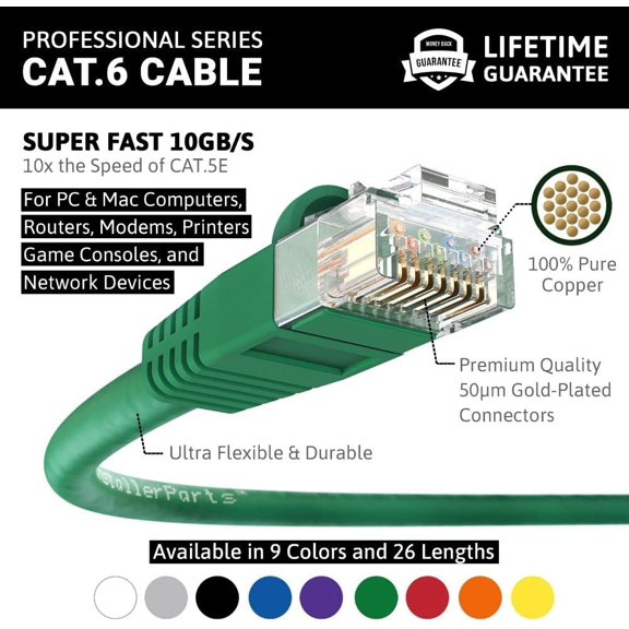 PYYNA-CAT6 Cable UTP Booted - Green, 1 FT, 10 Pack - 10Gbps, Professional Series