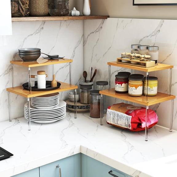 PYYNA-Cabinet Organizer Shelf - Set of 2 Clear Acrylic Spice Rack, Stackable Pantry Storage Shelves for Kitchen Counter, Bathroom, Desk - Multi-Purpose Bamboo Space Saving Shelves, Easy Assembly
