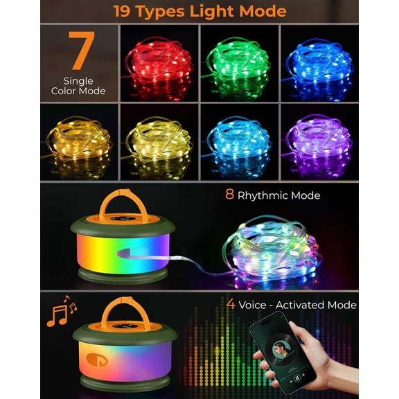 PYYNA-Camping String Lights, Retractable 32.8ft RGB Flash Lamp, Rechargeable LED Fairy Lights Outdoor Waterproof, Portable Hanging Lantern for Outside Tent Patio Awning Garden RV Essentials