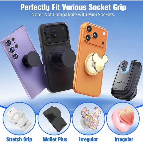 PYYNA-Car Phone Mount for Pop Socket: Strong Adhesive Cell Phone Holder for Automobile Dashboard - Adjustable Dash Sticky Cellphone Stand for iPhone Samsung with Thick Socket Wallet Grip Card Holder