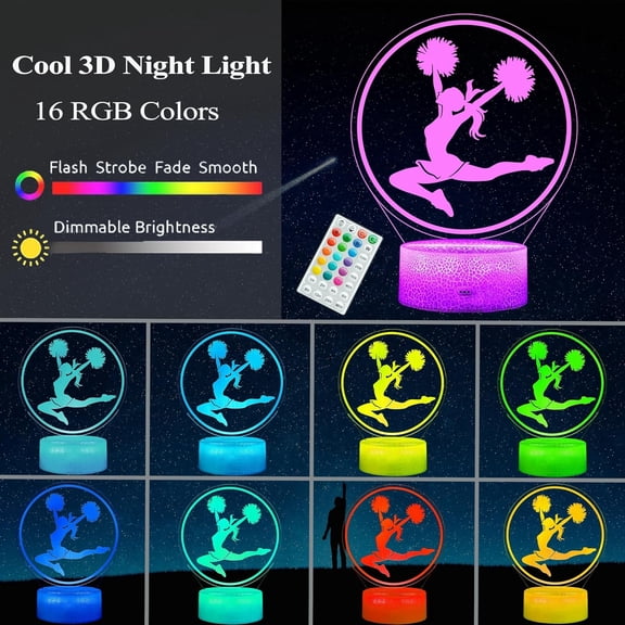 PYYNA-Cheerleader Gifts, Cheerleader 3D Night Light with 16 Colors Changing, Timer, 4 Flash Modes and Dimmable, for Birthday Xmas Cheering Squad Gifts for Room Decor Girls