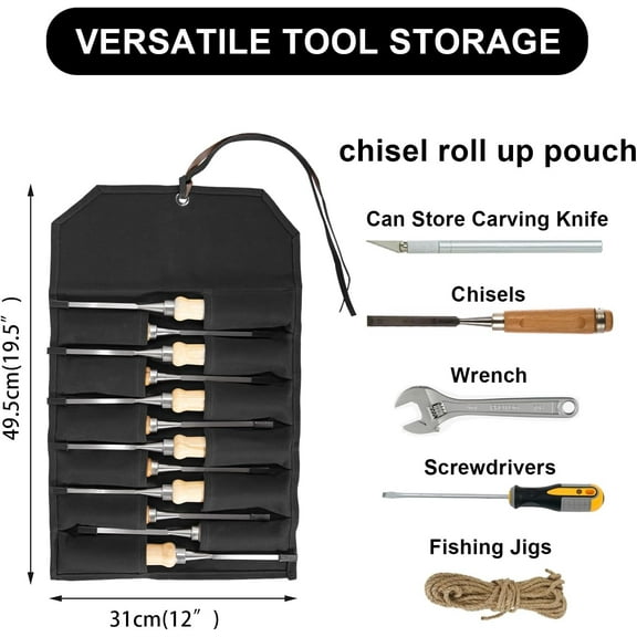 PYYNA-Chisel Roll,12 Pockets Roll Up Tool Pouch,Waxed Canvas Small Tool Roll Organizer and Wrench Roll Up Pouch,Store Chisel,Wrench,Pliers,Carving Knife,Best Gifts Bag for Carpenter