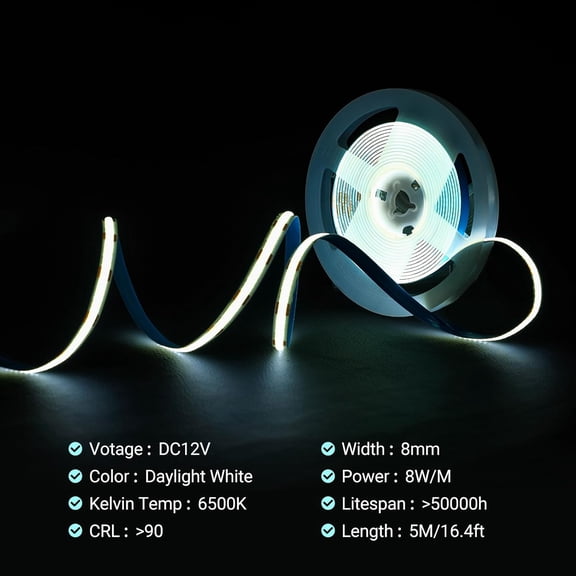 PYYNA-Cob Led Strip Light 6500K Daylight White, 16.4ft Cri90+ Seamless Bright Lighting with Power Saved & Low Heat,12V Flexible Led Light Strip for Cabinet,Bedroom,Kitchen,DIY Project(No Adapter Or P