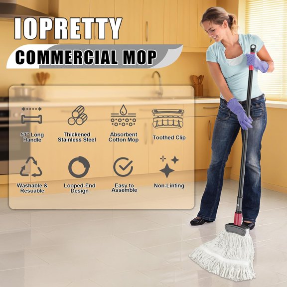 PYYNA-Commercial Mops for Floor Cleaning - Looped-End Heavy Duty Wet Mop with Long Handle for Hardwood Wood Tile Vinyl - Reusable Cotton Head for Home Garage Kichen Bathroom