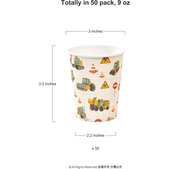 PYYNA-Construction Truck Cups Birthday Party Supplies Construction Themed Paper Cups Bulldozers Truck Them for Little Builder Boys Building Site Traffic Zone Disposable Tableware Pack of 50