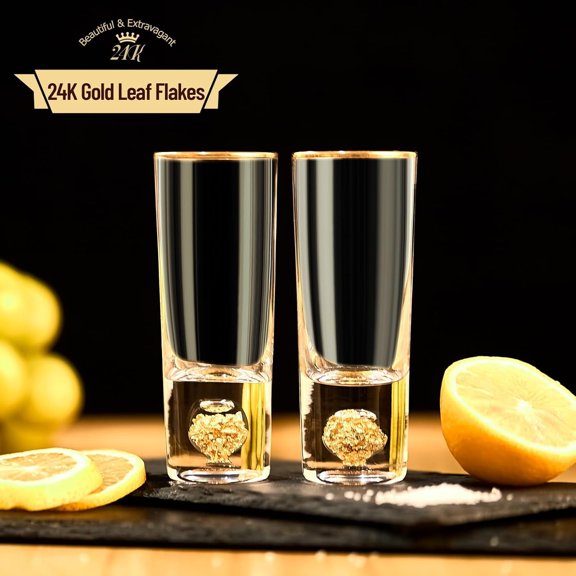 PYYNA-Cool Shot Glasses (2oz), Shot Glass Set Decorated with 24K Gold Leaf Flakes, ONE OF A KIND, Cool & Cute Shot Cups, BPA-Free & Lead-Free, Perfect for Dcor & Collection, Gift Choices - 2 pcs