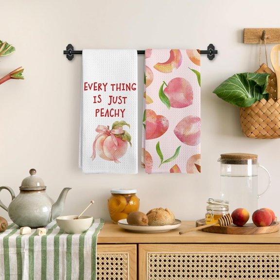 PYYNA-Coquette Pink Bow Peach Kitchen Towels, Preppy Girly Dish Tea Towels for Kitchen, Everything is Just Peachy Decorative Hand Towels for Bathroom, Peach Bathroom Decor, 16x24 Inches
