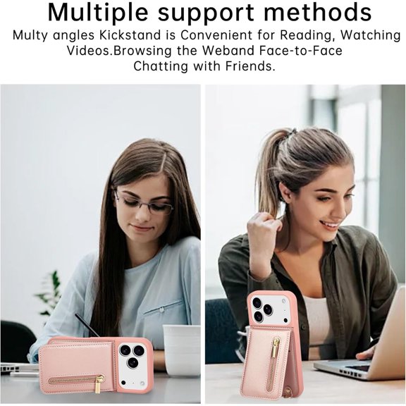 PYYNA-Crossbody Wallet Case for iPhone 17 Pro Max, with Card Slots Zipper Pocket Case, Flip Folio Purse RFID Blocking with Detachable Strap-Pink