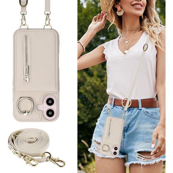 PYYNA-Crossbody Wallet Case for iPhone 17, with Card Slots Zipper Pocket Case, Flip Folio Purse RFID Blocking with Detachable Strap-Beige