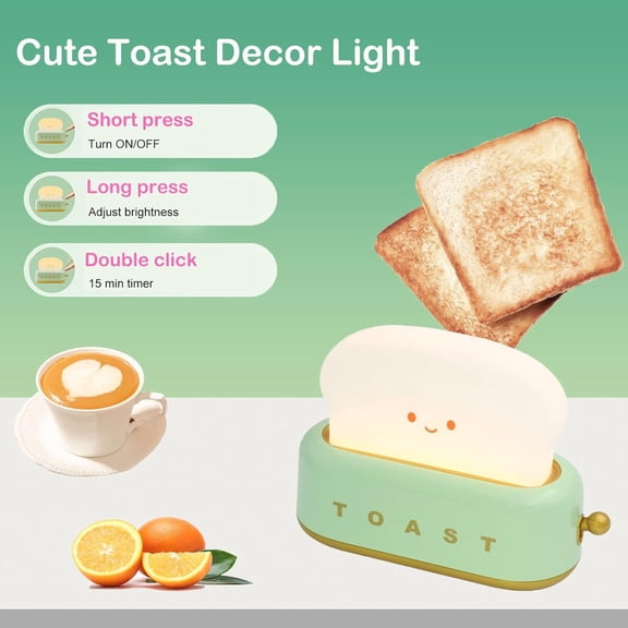 PYYNA-Cute Toast Lamp,Smile Face Night Light, LED Dimmable Bread Light,Rechargeable Desk Decor Lamp with Timer,Sleep Lamp for Bedroom Bedside Decorations,Aesthetic Gifts for Teen Girls (Green)