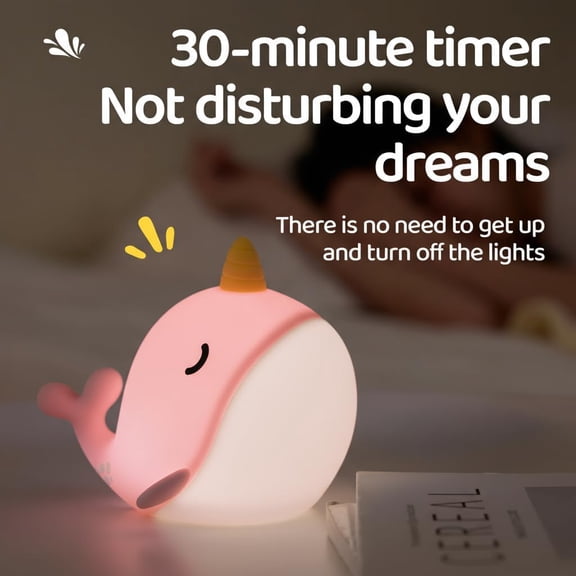 PYYNA-Cute Whale Night Lights, Soft Narwhal Silicone LED Night Lamp, Rechargeable Nursery Lamp with 3-Level Dimmable, 30mins Auto-Off, Lovely Room Decor for Bedside, Bedroom(White Light)