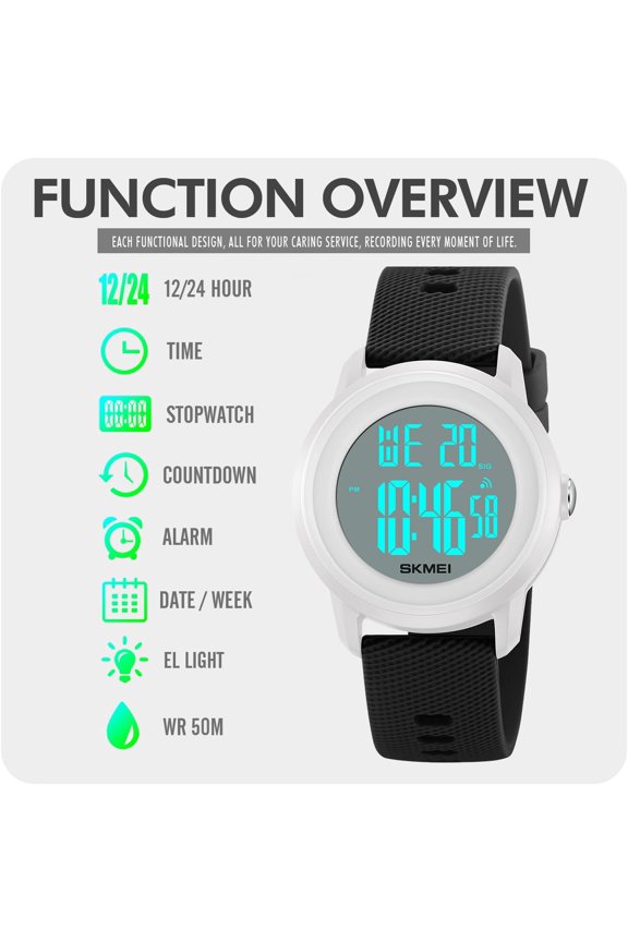-Digital Sports Watch for Women Men Waterproof Stopwatch Rubber Strap Wristwatch with Luminous Display, Alarm, Chime, EL Backlight, Countdown Unisex Outdoor Multifunction Watch