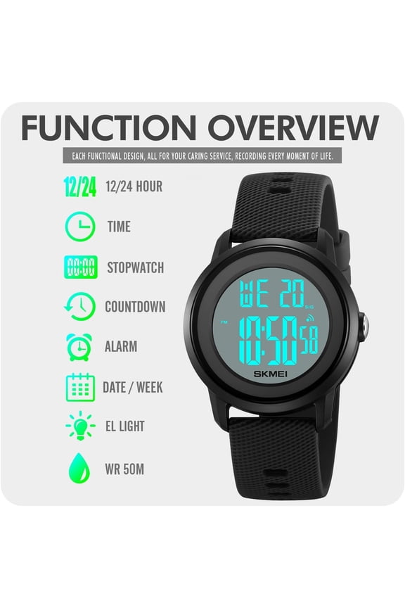 -Digital Sports Watch for Women Men Waterproof Stopwatch Rubber Strap Wristwatch with Luminous Display, Alarm, Chime, EL Backlight, Countdown Unisex Outdoor Multifunction Watch