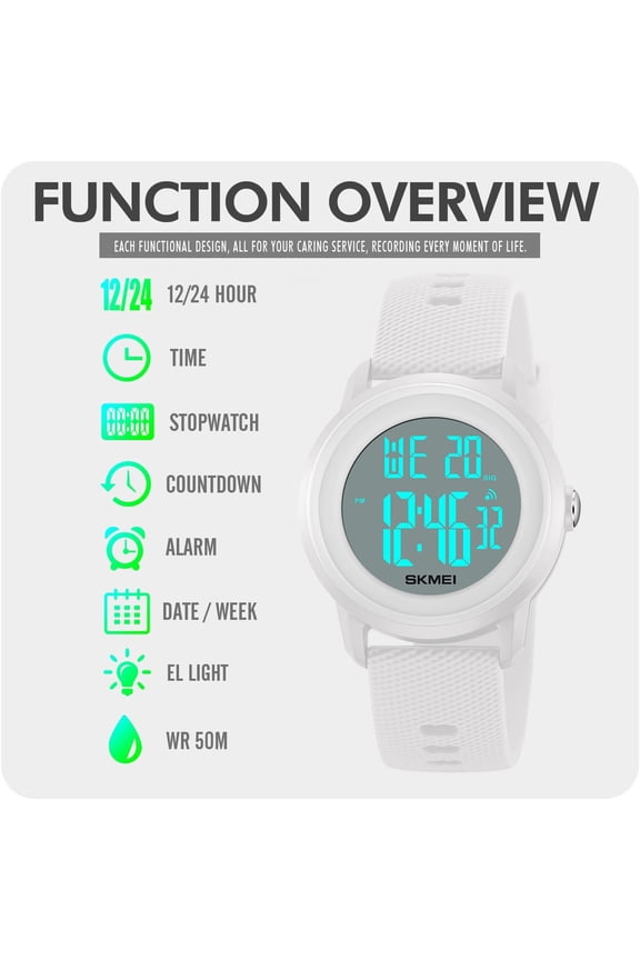 -Digital Sports Watch for Women Men Waterproof Stopwatch Rubber Strap Wristwatch with Luminous Display, Alarm, Chime, EL Backlight, Countdown Unisex Outdoor Multifunction Watch