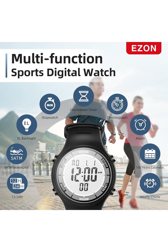 -Digital Watch with Stopwatch Countdown Timer Alarm EL Backlight,Ultra-Thin Large Display 5ATM Waterproof Digital Wrist Watches for Men Women