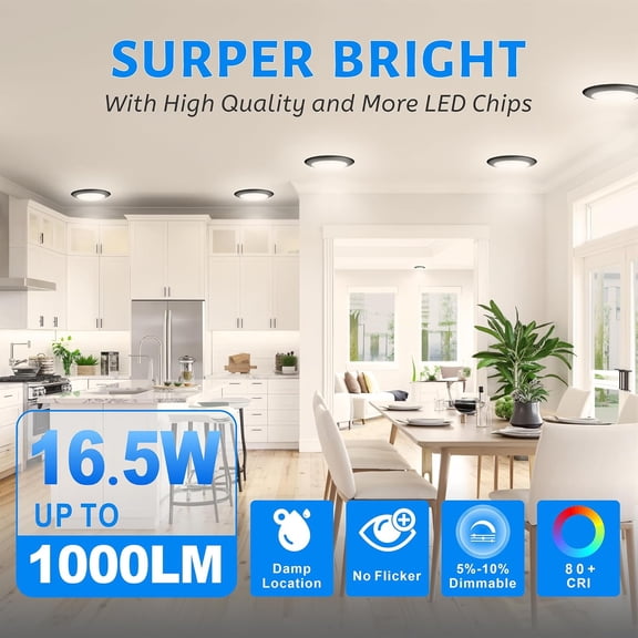 PYYNA-Dimmable LED Disc Light, 3000K/4000K/5000K Selectable Surface Mount Ceiling Lighting, 16.5W 1100Lm, Black Aluminum Baffle Trim Flush Mount Downlight, ETL-Listed, 4 Pack