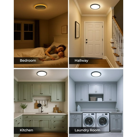 PYYNA-Dimmable LED Flush Mount Ceiling Light Fixture with Night Light, 8.7inch 1800LM 3000K/4000K/5000K Selectable, Low Profile Ceiling Light for Hallway Kitchen Bedroom, Round Black