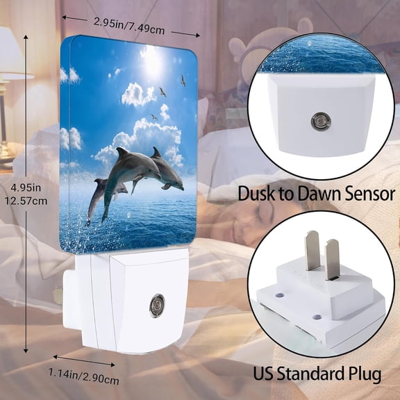 PYYNA-Dolphins Seagulls Night Light, Marine Wildlife Night Lights Plug into Wall Decor for Bedroom, Bathroom, Dusk to Dawn Sensor Nightlights for Girls Women Room Gifts