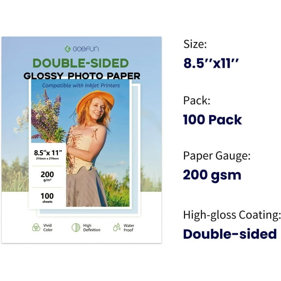 PYYNA-Double Sided Glossy Photo Paper 8.5x11 100 Sheets, 200GSM/54LB Inkjet Printer Paper 8.5 x 11 Glossy for Crafting, Chip Bags, Calendars, Menus, Cards and Invitations