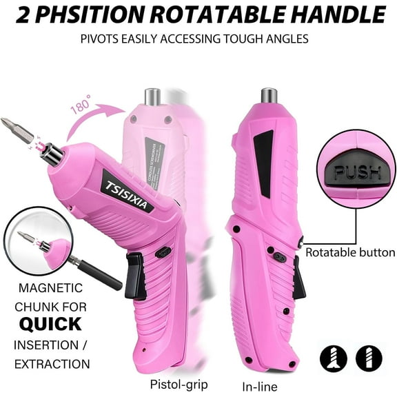 PYYNA-Electric Cordless Screwdriver with Offset Driving Shaft, 4.2V Automatic Rechargeable Screw Driver with 47PCS Bits, Battery Powered Automatic Screw Gun with LED Light & Carry Case Pink Screwdriv