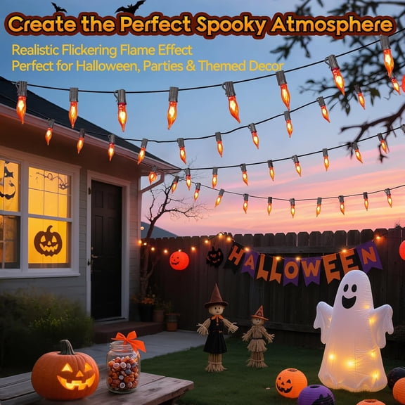 PYYNA-Enchanting Spooky Glow, 25Ft Flickering Flame Halloween Lights with 12 C18 Vintage Bulbs, Weatherproof & Connectable for Outdoor Halloween, Christmas, and Spooky Party Decorations