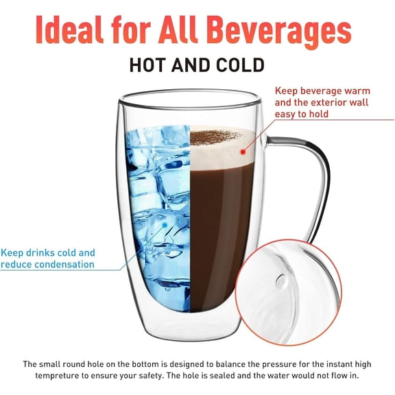 PYYNA-Espresso Cups Set Of 2 15 Oz, Double Walled Glass Coffee Mugs with Handle,Insulated Layer Coffee Cups,Clear Borosilicate Glass Mugs,Perfect for Cappuccino,Tea,Latte,Espresso,Hot Beverage,Wine