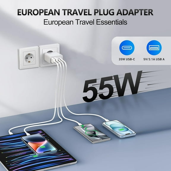 PYYNA-European USB C Charger 2 Pack, 55W European Travel Plug Adapter 4-Port Fast Charger Type C Wall Charger USA to Europe Plug Adaptor for iPhone 17 16 15 14 13 12 11 Pro Max X 8, Galaxy, Android