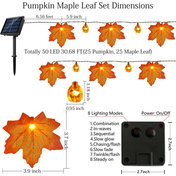 PYYNA-Fall Decor Solar Pumpkin Maple Leaf String Lights Outdoor, 50LED 30ft Fall Garland with Lights Waterproof Pumpkin Lights for Thanksgiving Halloween Autumn Door Porch Home Garden Decorations