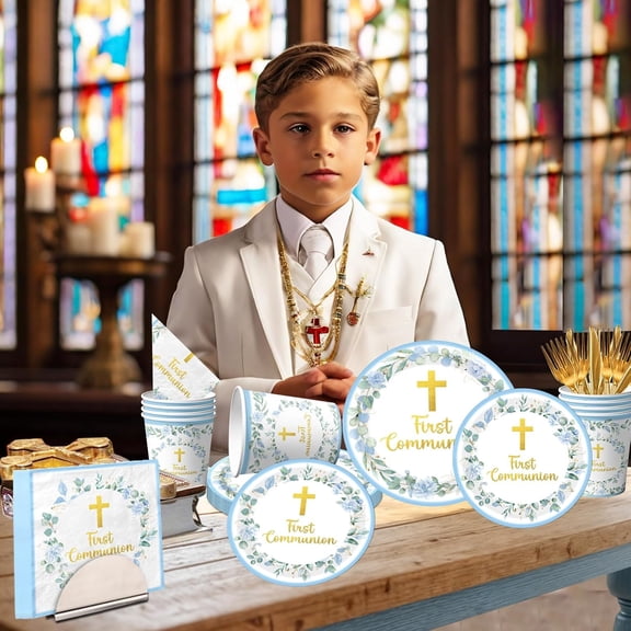 PYYNA-First Communion Decorations for Boys, Baptism Plates and Napkins Blue Primera Comunion Decoracion 1st Communion Party Supplies for Baptism Party Decorations Serves 25