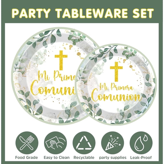PYYNA-First Communion Party Decorations - 96 Pcs Green Holy Paper Plates Napkins Forks Tableware Set Disposable Baptism 1st Religious Mi Primera Comunion Decoracion Supplies Decor Serve 24 Guests