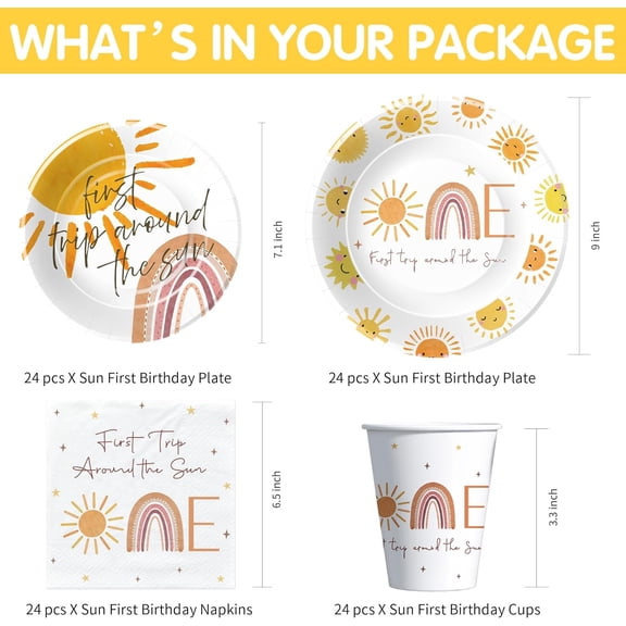 PYYNA-First Trip Around The Sun Birthday Decorations Tableware - Boho Sunshine Sun 1st Birthday Party Supplies, Paper Plate, Cup, Napkin, Tablecloth, Disposable Cutlery | Serves 24
