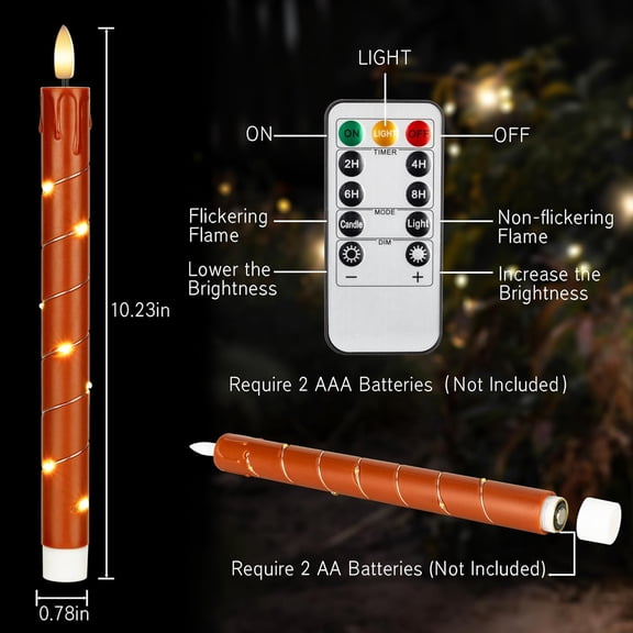 PYYNA-Flameless Taper Candles with Remote for Romantic Decorations3D Flickering Flame Battery Operated LED Candles Arounded with Starlight String for Home Decoration, Pack of 6, Reddish Brown