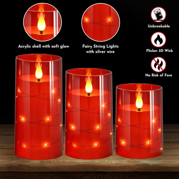 PYYNA-Flickering Flameless Candles: Built-in Star String Lights Battery Operated LED Pillar Candles with Remote and Timer Romantic Decorations for Wedding Party Christmas Halloween - Red 3 Pack