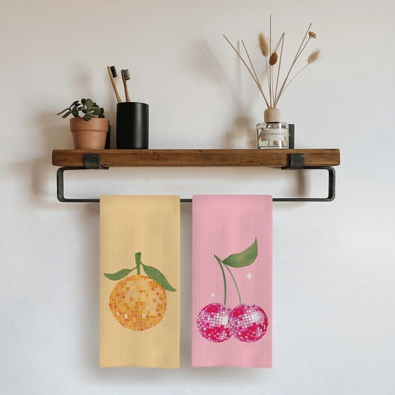 PYYNA-Funky Orange Pink Kitchen Towels, Trendy Retro Preppy Orange Cherry Disco Ball Hand Dish Towels, Preppy Bathroom Decor, Funky Kitchen Decor, 16x24 Inches Set of 2