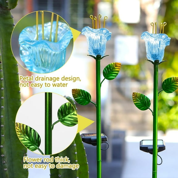 PYYNA-Garden Solar Stake Lights Outdoor, 2 Pack Solar Powered Metal Stake Lights with Blue Bell Glass Lily LED Decorative Garden Lights for Walkway,Pathway,Lawn, Courtyard