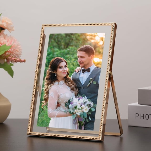 PYYNA-Gold 5x7'' Floating Picture Frames (2-Pack) Thin Beaded Metal Edge,Adjustable Tabletop/Shelf Display for 3.5x5 or 4x6 Photos Elegant Wedding,Home & Office Decor,Vintage Spring Gift