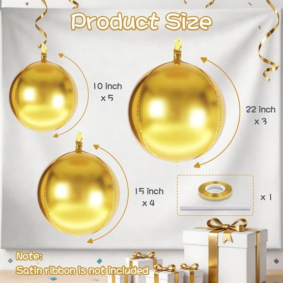 PYYNA-Gold Round Foil Balloons, 12PCS Different Sizes 4D Metallic Balloon Large Golden Sphere Mirror Ball Balloons for Prom Graduation Christmas New Year Birthday Party Ceiling Decorations Supplies