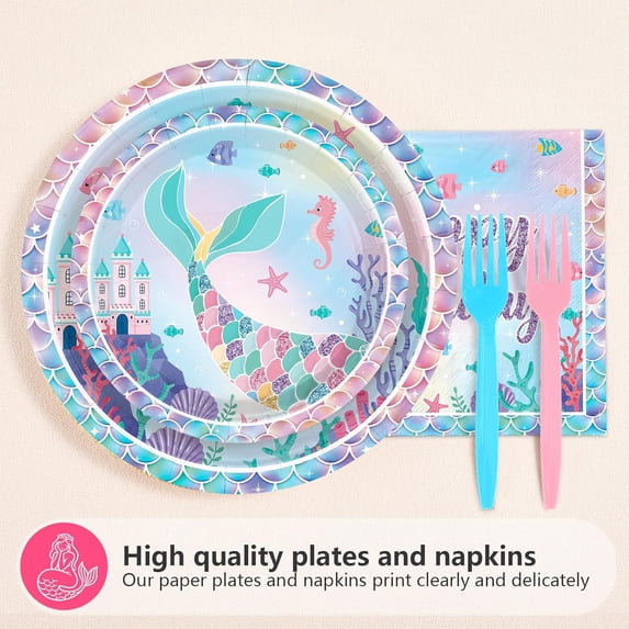 PYYNA-Grencian 96PCS Mermaid Birthday Party Decorations Mermaid 2nd Birthday Plates and Napkins Disposable Little Mermaids Tableware Set for Girls 2 Year Old Girl Party Supplies Serves 24