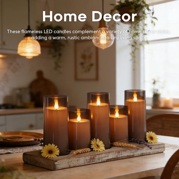 PYYNA-Grey LED Flameless Pillar Candles Battery Operated with Remote Timer, 5 Pack 3D Flickering Acrylic Candles for Home Living Room Bedroom Fireplace Wedding Party Holiday Decor & Gift