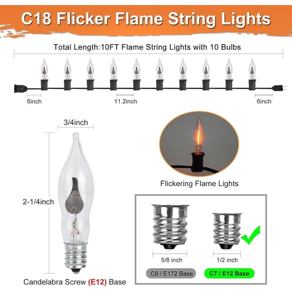 PYYNA-Halloween Flickering String Lights, 10FT C18 Flickering Flame Night Light with 10 Clear Flame Bulbs, Great for Outdoor Indoor Halloween Decoration - Black Wire
