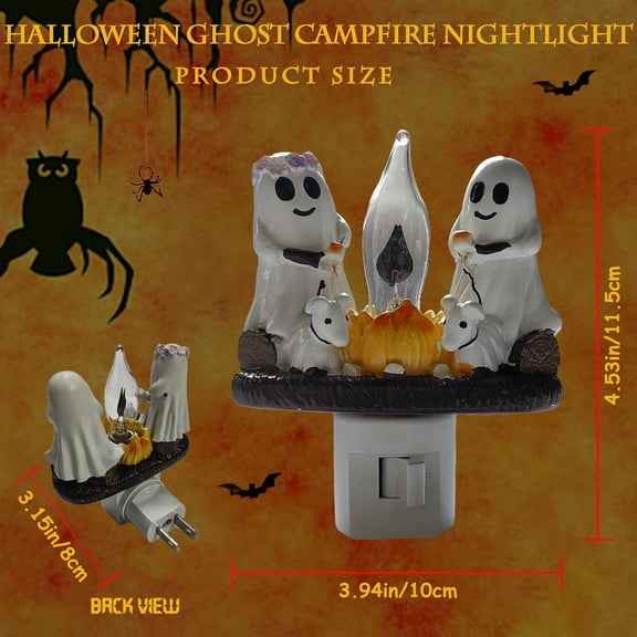 PYYNA-Halloween Ghost Campfire Nightlight, Cute Ghost Campfire Flickering Nightlight, Campfire Flicker Flame Halloween Night Light, Plug in Ghost Statue Flame Wall Sconces for Halloween Decor, Gift (