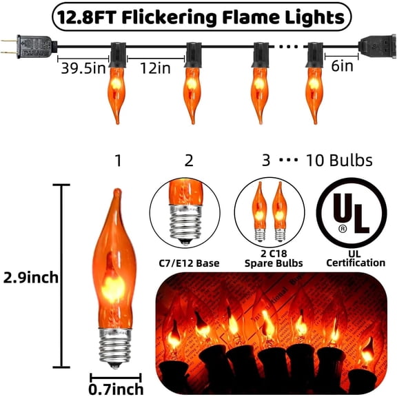 PYYNA-Halloween Lights Flickering Flame String Lights with 12 Pack C7 Orange Flame Light Bulbs (2 Spare), 12.8Ft Orange Flame String Lights for Indoor Outdoor Home Party Yard Halloween Decorations