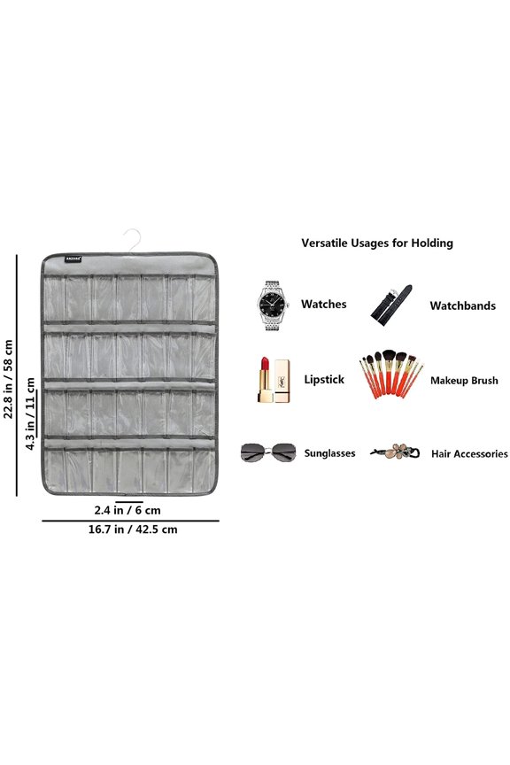 -Hanging Watch Band Organizer Watch Bands Straps Accessories Holder Watches Storage Display Case with 28 Clear Pockets (GREY)