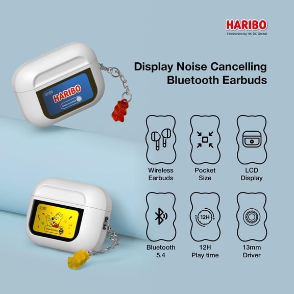 PYYNA-Haribo Wireless Earbuds with LCD Touchscreen Case, Bluetooth 5.4 TWS, Noise Cancelling, 13mm Bass Driver, IPX4, Gummy Bear Style