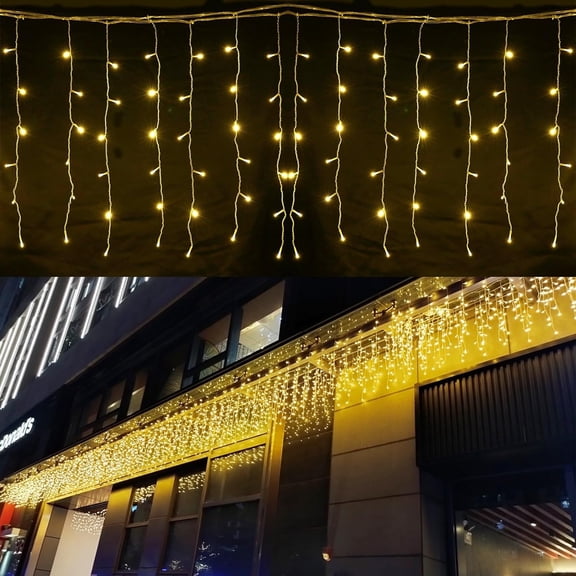 PYYNA-Icicle Dripping Lights, 13FT 144 LEDs 8 Modes Christmas Connectable Twinkle Window Curtain Fairy Waterfall Diwali Ceiling String Lights for Outdoor Indoor Decorations (Warm White, 4X0.6M)