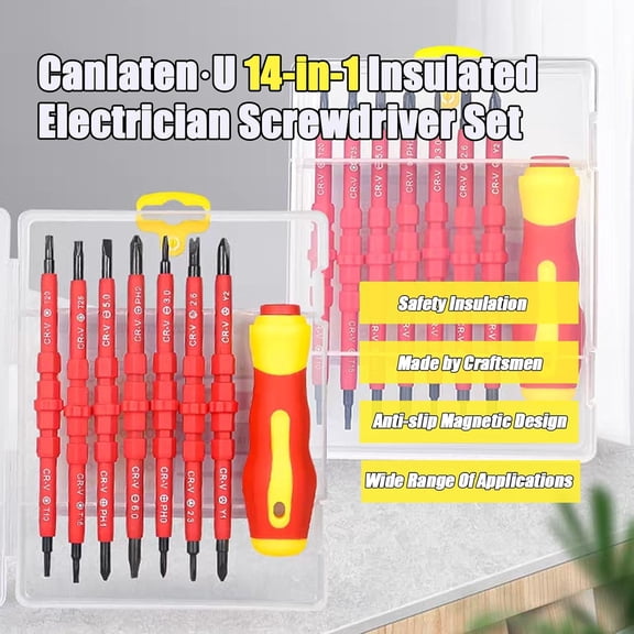 PYYNA-Insulated Electrician Screwdriver Set - 14 in 1 Magnetic Screwdriver Tool Kit Electrical Multifunctional Interchangeable CR-V Screwdrivers with Soft-Grip Screw Drivers