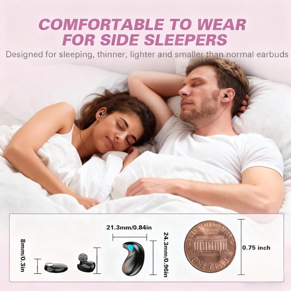 PYYNA-Invisible Sleep Wireless Earphone IPX5 Waterproof Pink Wireless Thin Invisible Sleep Earbuds for Side Sleepers Sleep Ear Buds Smallest Tiny Small Mini Discreet Earbud for Sleeping Invisible Hea