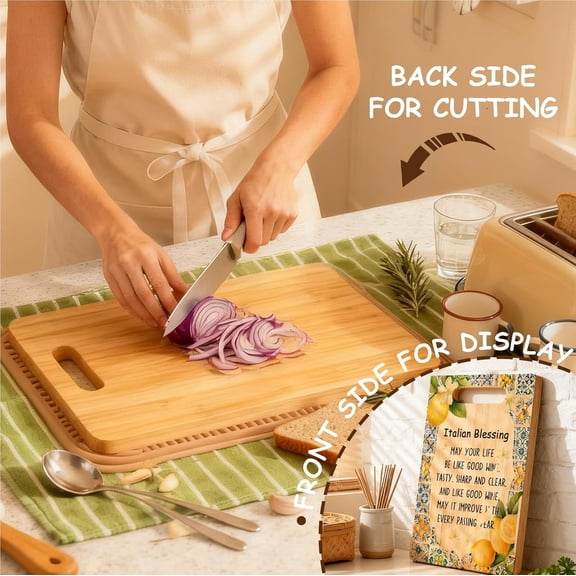 PYYNA-Italian Blessing Lemon Cutting Board, Housewarming Gifts for Italian Women, Mediterranean Italy Azulejo Tiles Lemon Bamboo Cutting chopping Boards for Kitchen