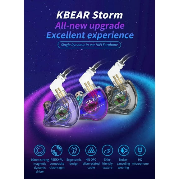 PYYNA-KBEAR Storm Professional in Ear Monitor Earphones for Singers Drummers Musicians Bassists, Custom Wired Earbuds in Ear Headphones IEM, Hi Res Detachable OFC Silver-Plated Cable