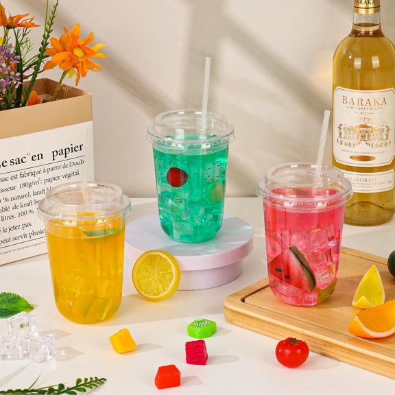 PYYNA-Kesaplan 50 Set 16oz Clear Plastic Cups with Lids & Straws, Disposable Round Bottom To Go Iced Coffee Drinking Cup for Cold Beverage Smoothies Juice Lemonade Slushies Milkshake Party Catering S